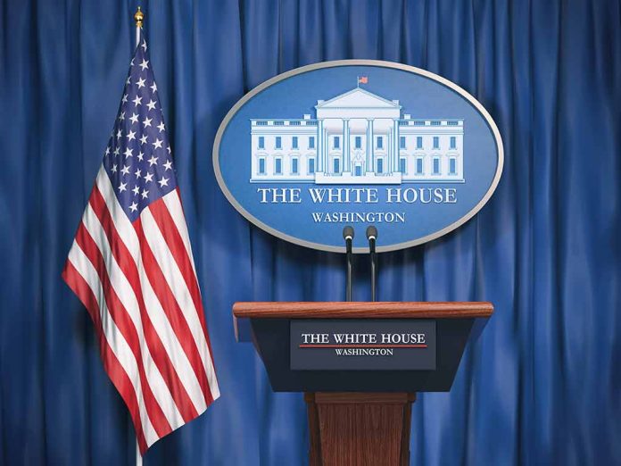 White House podium with American flag and seal.