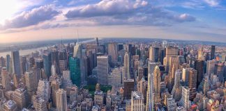 Aerial view of a bustling city skyline.