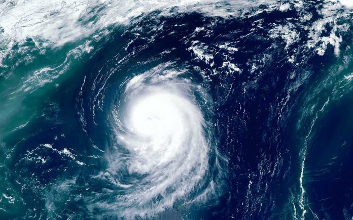 Satellite view of a massive hurricane over the ocean.