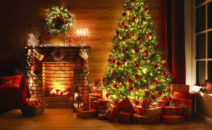 Christmas tree and fireplace with stockings and gifts.