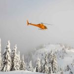 Yellow helicopter flying over snowy evergreen forest.