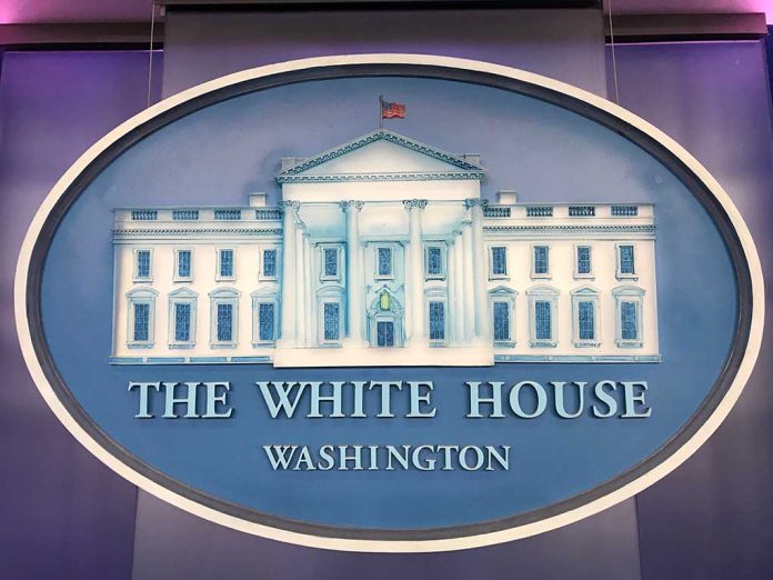 The White House emblem with blue background.