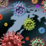 Colorful virus particles with a dark world map backdrop