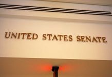 United States Senate sign on wall