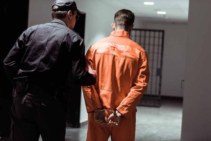 Officer escorting handcuffed inmate to cell block