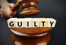 Gavel striking blocks spelling guilty