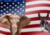 Elephant and donkey with American flag background