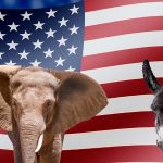 Elephant and donkey with American flag background