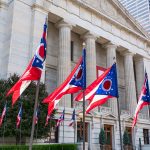 Ohio flags outside a government building