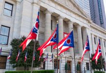 Ohio flags outside a government building