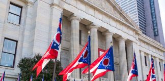 Ohio flags outside a government building