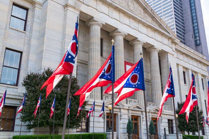 1141302074 featured image Ohio flags outside a government building