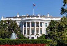 White House with fountain and garden in foreground