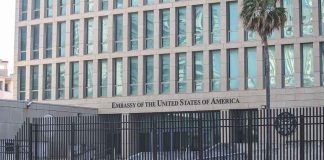 US Embassy building with fence and palm tree