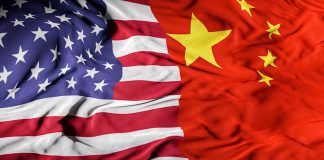 USA and China flags merged together