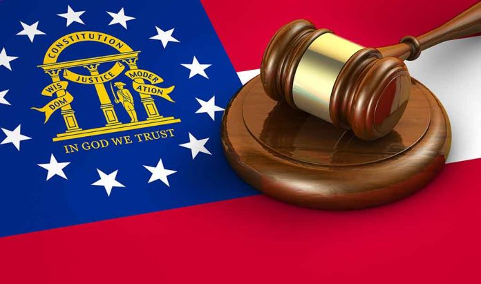 Georgia flag and judge's gavel on wooden base
