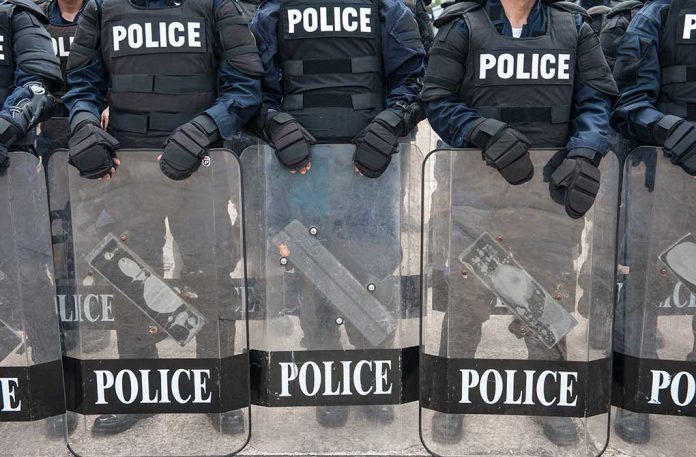 426281377 featured image Police officers with riot gear and shields.