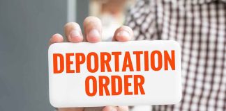 Hand holding sign with Deportation Order text