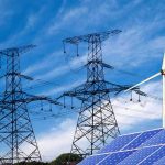 Power lines solar panels and wind turbine against sky