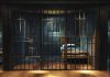 Empty prison cell with metal bars and bed