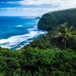 Beautiful coastal landscape with lush greenery and ocean waves