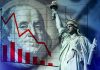 Declining graph, Benjamin Franklin, and Statue of Liberty background.