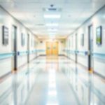 Blurred hospital corridor with doors and lights