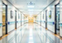 Blurred hospital corridor with doors and lights
