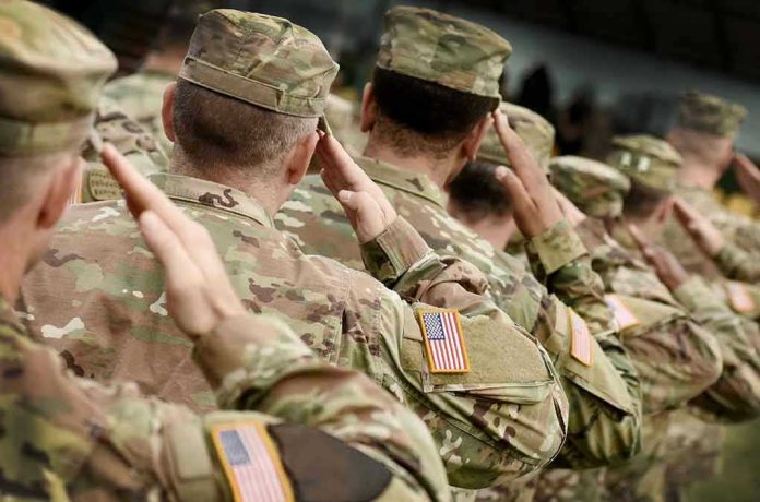 1548712049 Soldiers in camouflage uniforms saluting in formation outdoors
