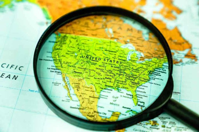 Magnifying glass over United States on map