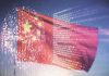 Chinese flag over digital code background