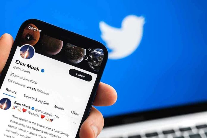 Hand holding phone displaying Twitter profile