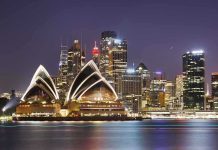 Sydney Opera House at night with city skyline.