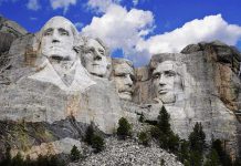 Mount Rushmore featuring the carved faces of four U.S. presidents