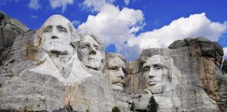 Mount Rushmore featuring the carved faces of four U.S. presidents