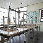 Empty classroom with chairs on top of desks