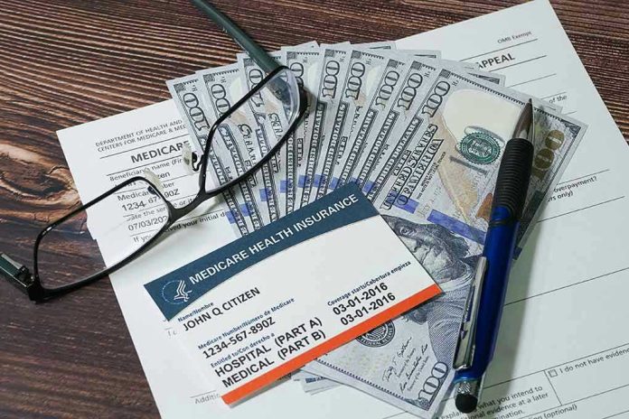 Medicare card glasses pen money on wooden table