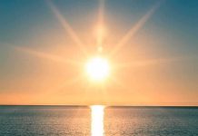 A serene sunrise over a calm ocean with vibrant colors in the sky