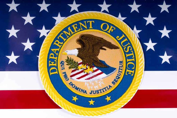 1054857686 Department of Justice seal on American flag background.