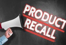 Recall Horror Hits Groceries – Check Your Pantry! Person holding megaphone, Product Recall text.