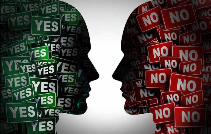 Silhouettes filled with YES and NO signs facing each other.