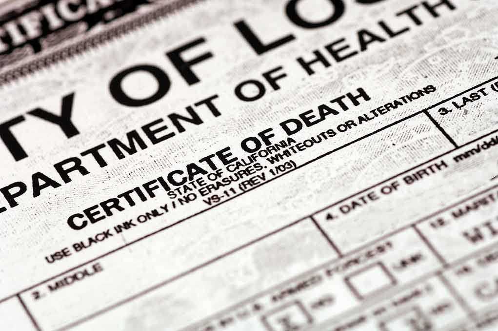 Close-up of a California death certificate document
