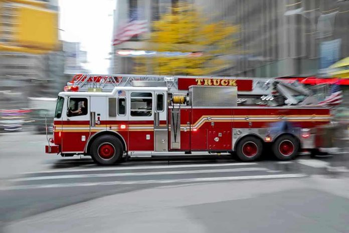 251308867 Red fire truck driving through city street crosswalk