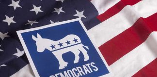 Democratic Party symbol on American flag background.