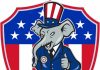 Cartoon elephant dressed in a suit with an American flag theme