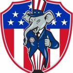 Cartoon elephant dressed in a suit with an American flag theme