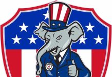 Cartoon elephant dressed in a suit with an American flag theme