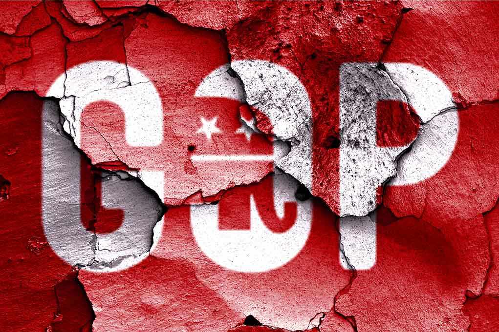 Cracked wall featuring the GOP logo in red and white