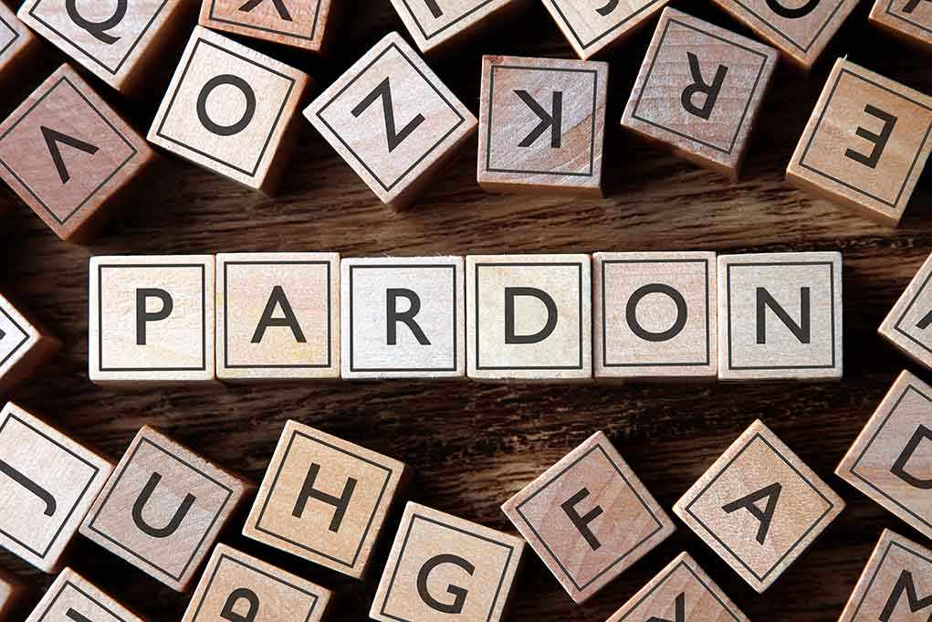 Wooden letter blocks arranged to spell 'PARDON' on a wooden surface