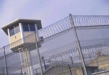 Celeb Icon FREED From Prison – Early Release! Guard tower behind barbed wire fence in a prison.